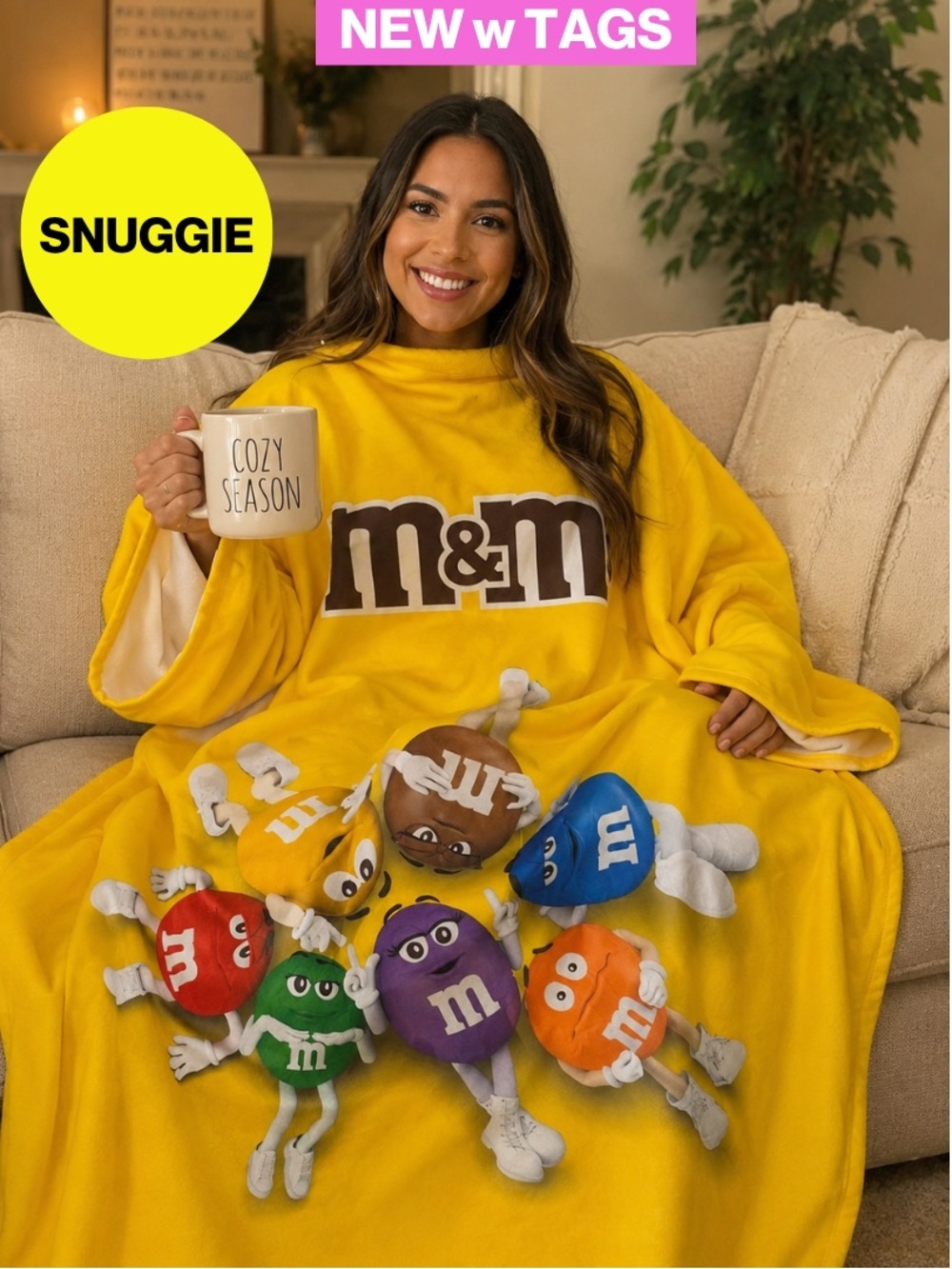 NEW in BOX 📦 M&M'S Yellow Adult Snuggie Fleece Blanket w/Characters 54 x 71”